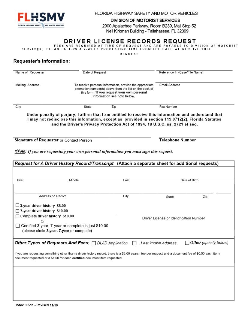 Driver License Records Request {90511} | Pdf Fpdf Docx | Florida
