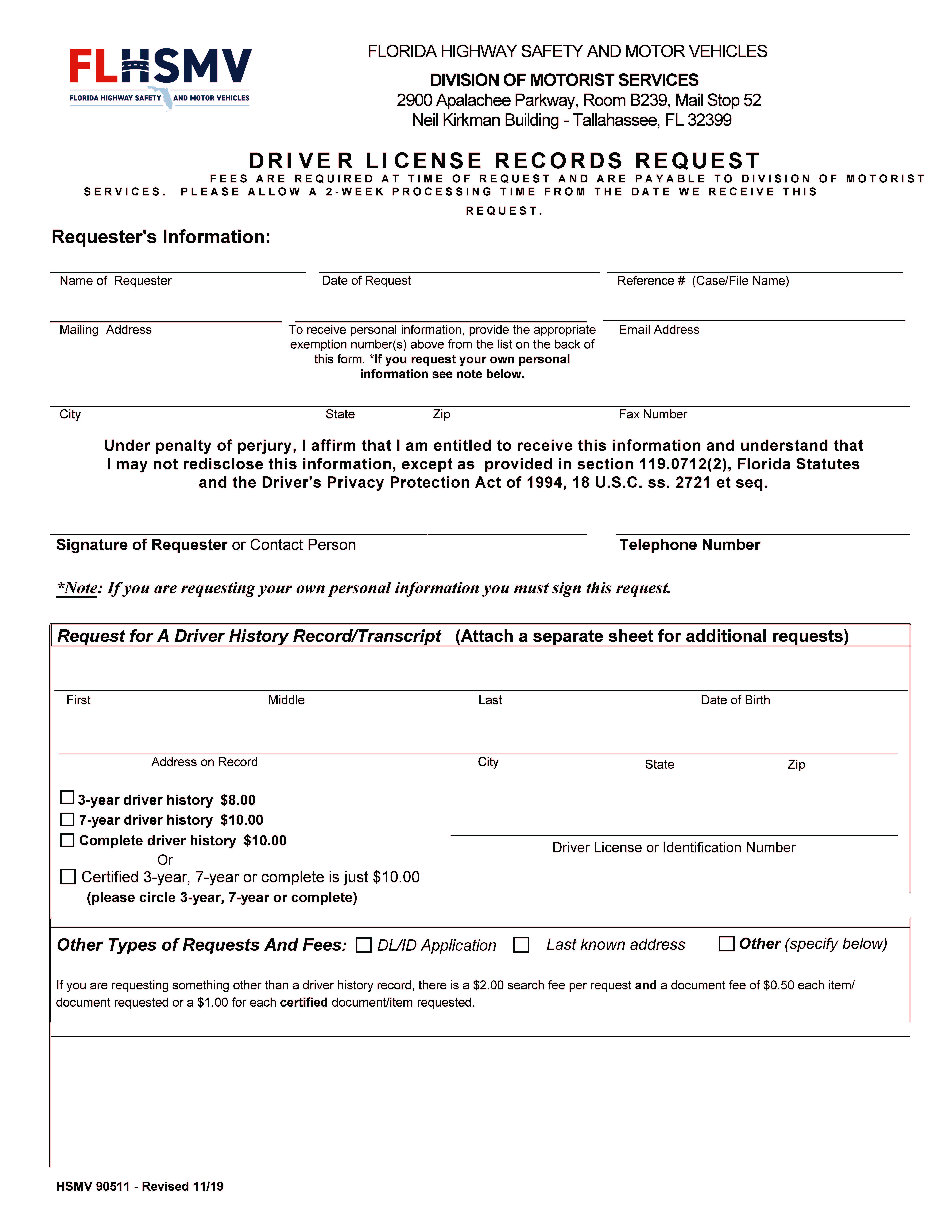 Driver License Records Request {90511} | Pdf Fpdf Docx | Florida