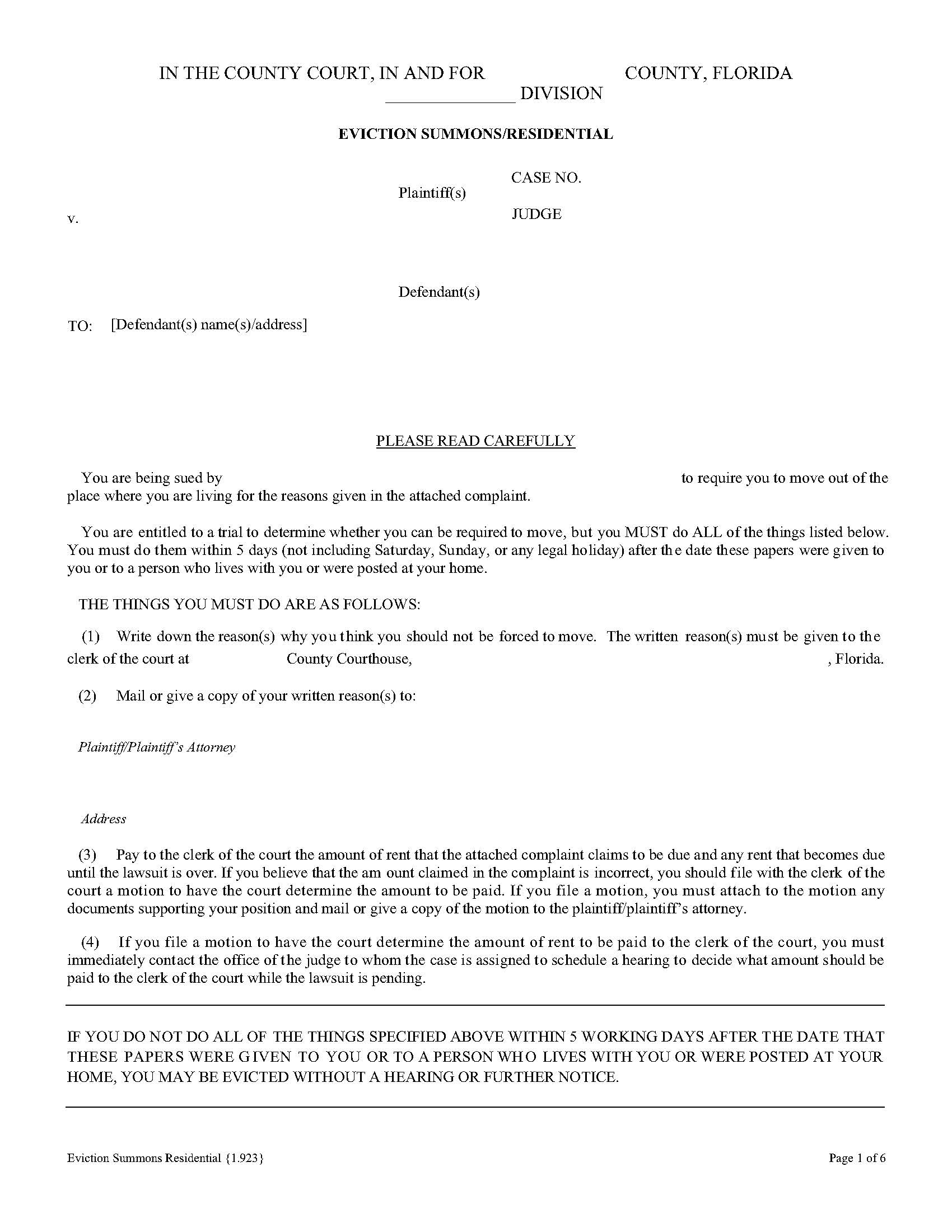 Eviction Summons Residential {1.923} | Pdf Fpdf Doc Docx | Florida