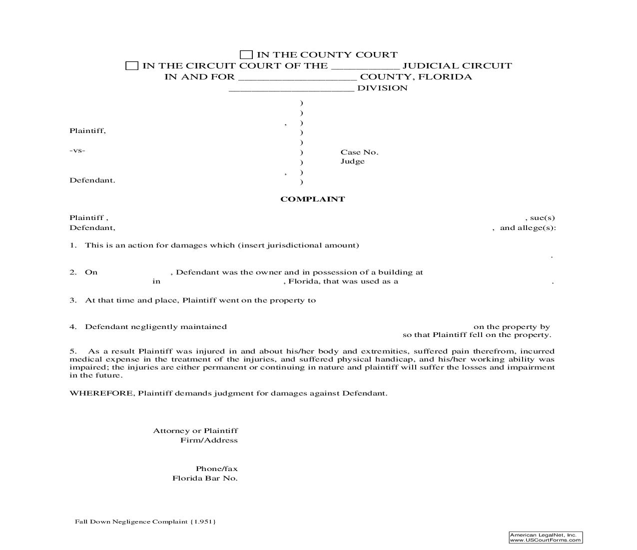 Fall Down Negligence Complaint {1.951} | Pdf Fpdf Doc Docx | Florida