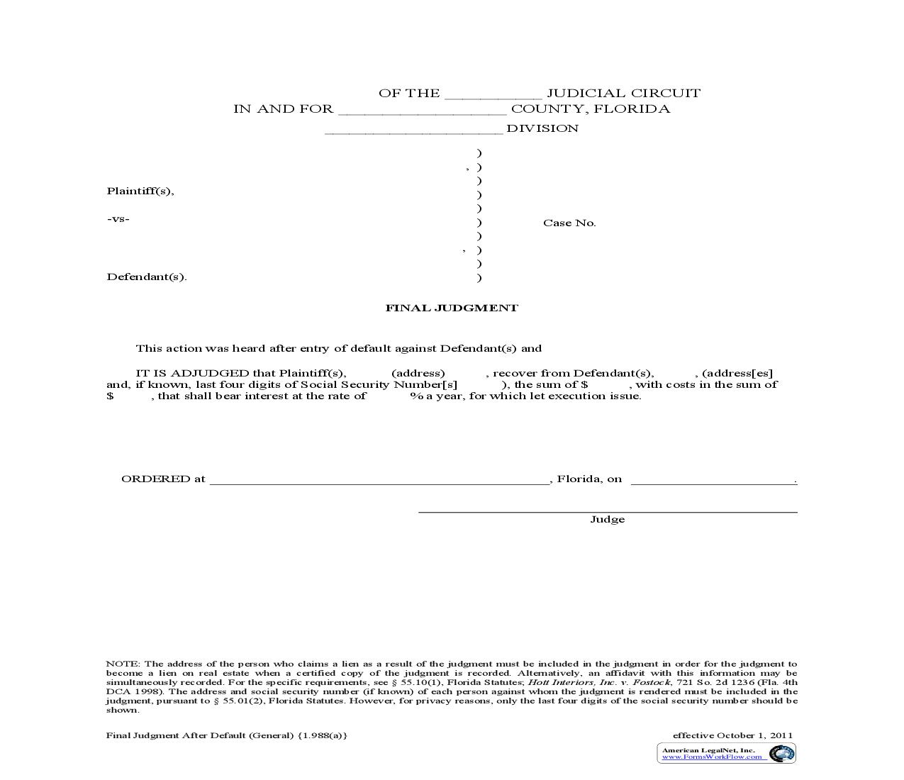 Final Judgment After Default (General) {1.988(a)} | Pdf Fpdf Doc Docx | Florida