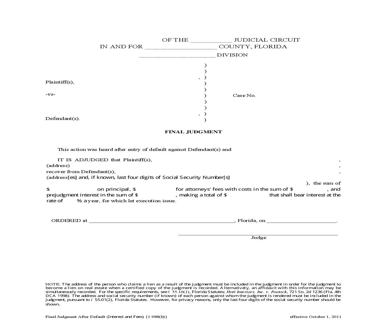 Final Judgment After Default (Interest And Fees) {1.988(b)} | Pdf Fpdf Doc Docx | Florida