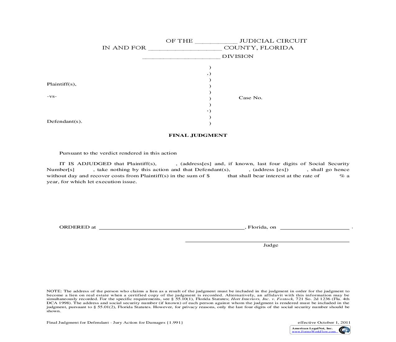 Final Judgment For Defendant Jury Action For Damages {1.991} | Pdf Fpdf Doc Docx | Florida