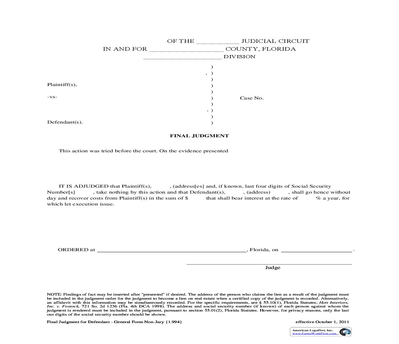 Final Judgment For Defendent General Form Non-Jury {1.994} | Pdf Fpdf Doc Docx | Florida