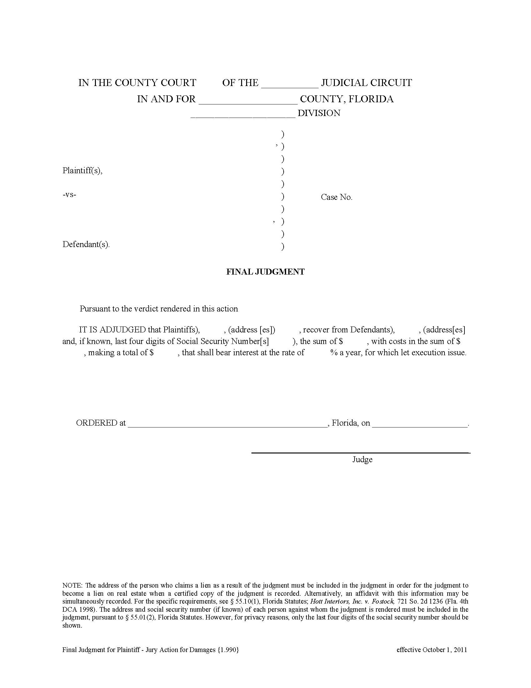 Final Judgment For Plaintiff Jury Action For Damages {1.990} | Pdf Fpdf Doc Docx | Florida