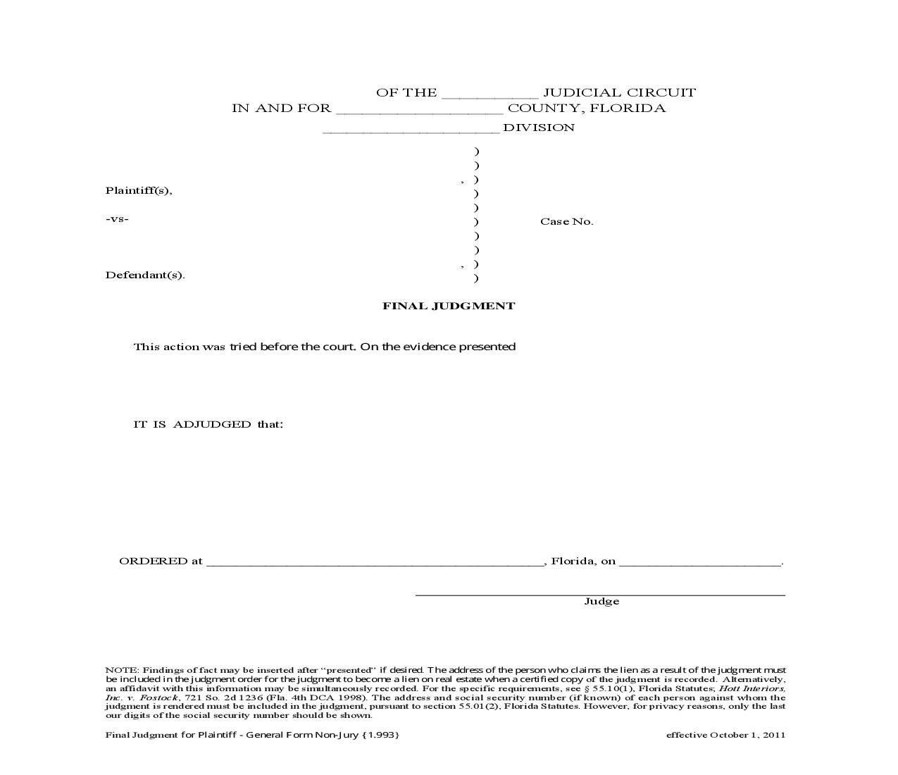 Final Judgment For Plantiff General Form Non-Jury {1.993} | Pdf Fpdf Doc Docx | Florida