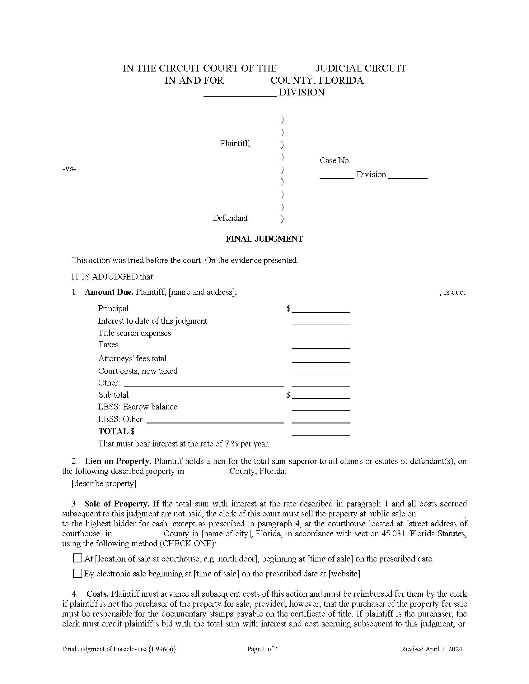 Final Judgment Of Foreclosure {1.996(a)} | Pdf Fpdf Doc Docx | Florida