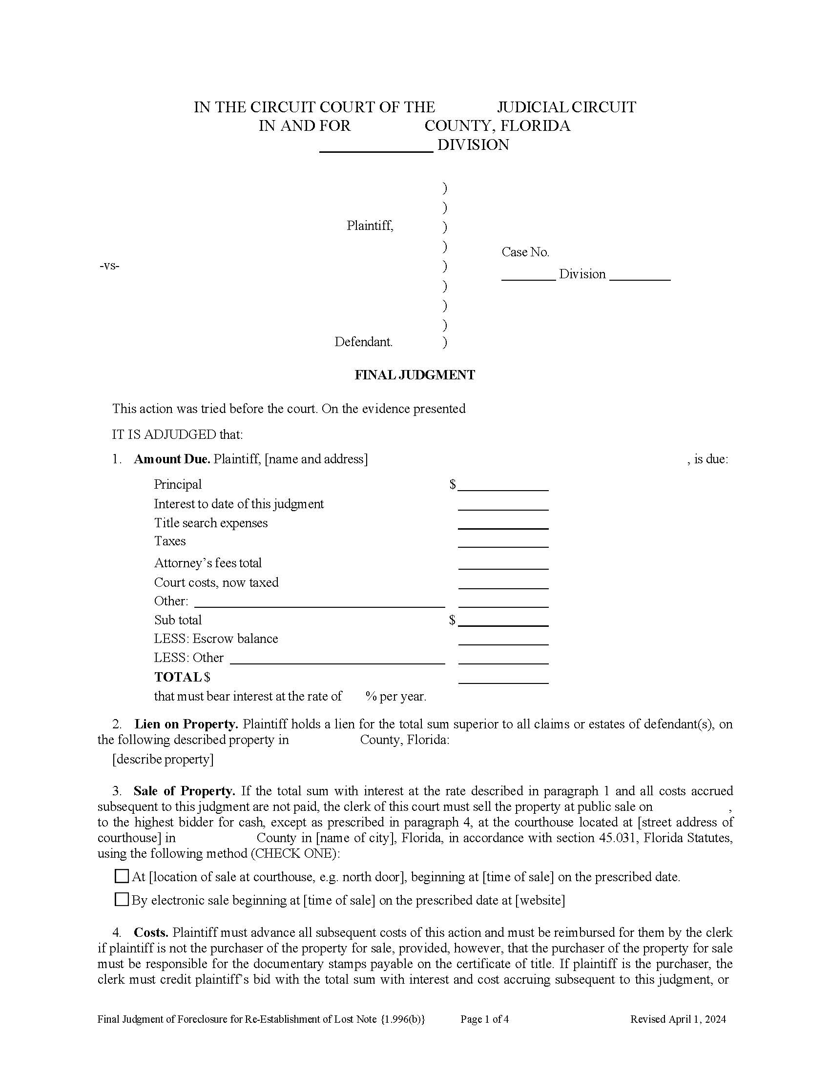 Final Judgment Of Foreclosure For Re-Establishment Of Lost Note {1.996(b)} | Pdf Fpdf Doc Docx | Florida