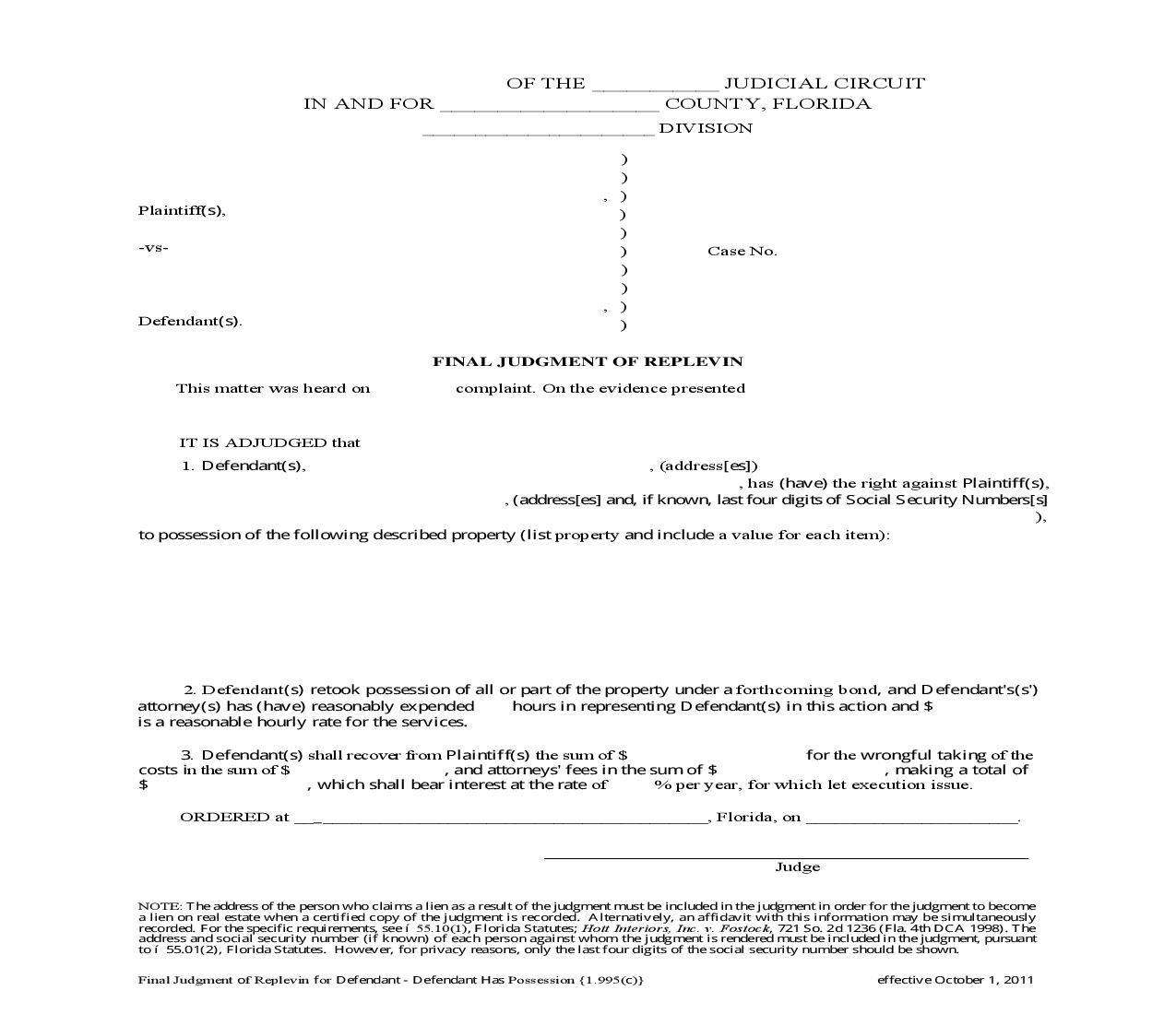 Final Judgment Of Replevin For Defendant - Defendant Has Possession {1.995(c)} | Pdf Fpdf Doc Docx | Florida