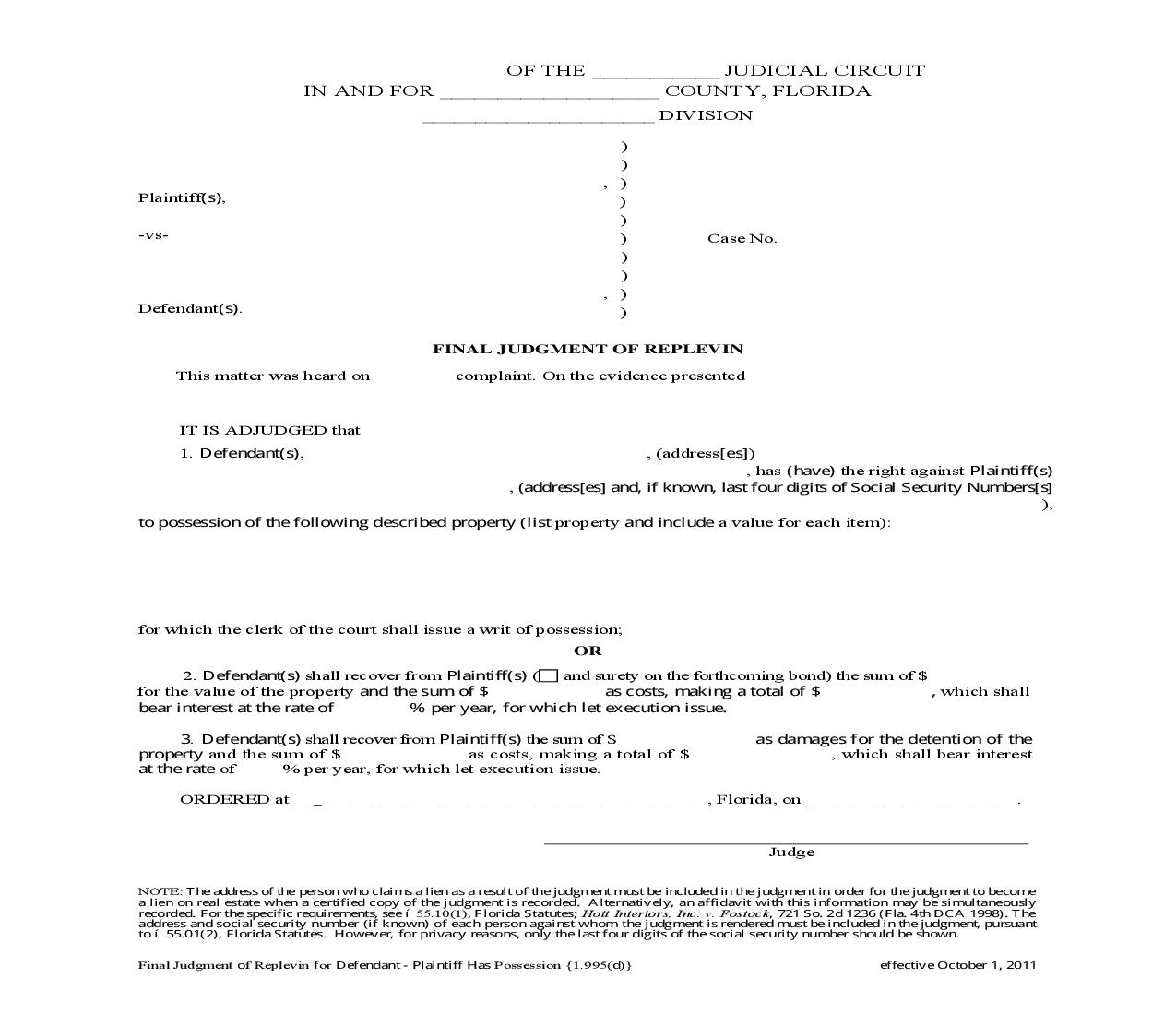 Final Judgment Of Replevin For Defendant - Plaintiff Has Possession {1.995(d)} | Pdf Fpdf Doc Docx | Florida