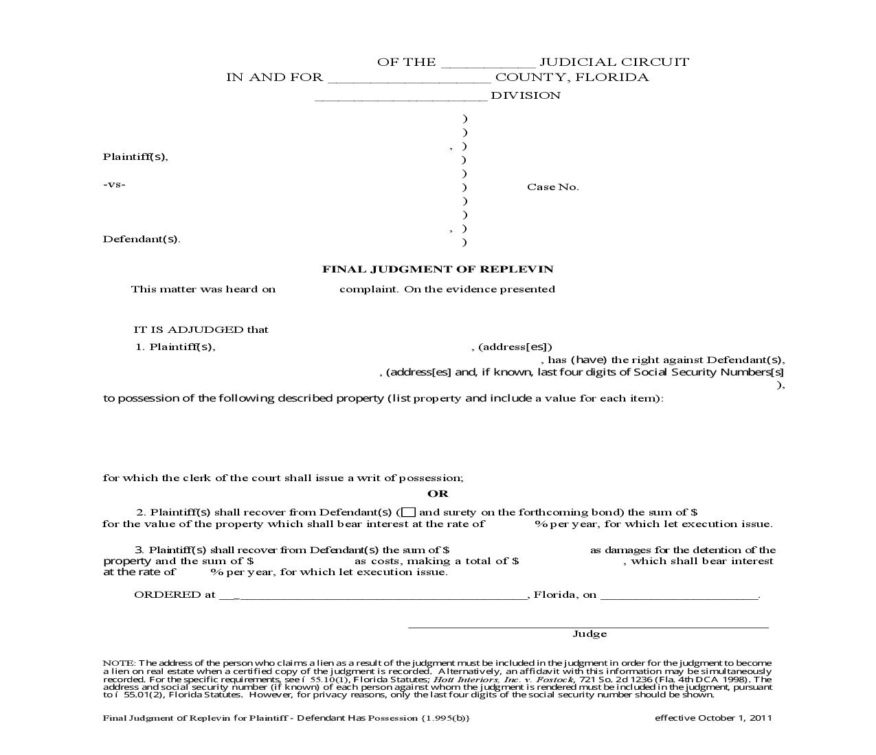 Final Judgment Of Replevin For Plaintiff - Defendant Has Possession {1.995(b)} | Pdf Fpdf Doc Docx | Florida