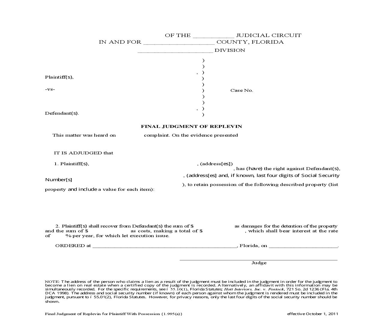 Final Judgment Of Replevin For Plaintiff With Possession {1.995(a)} | Pdf Fpdf Doc Docx | Florida