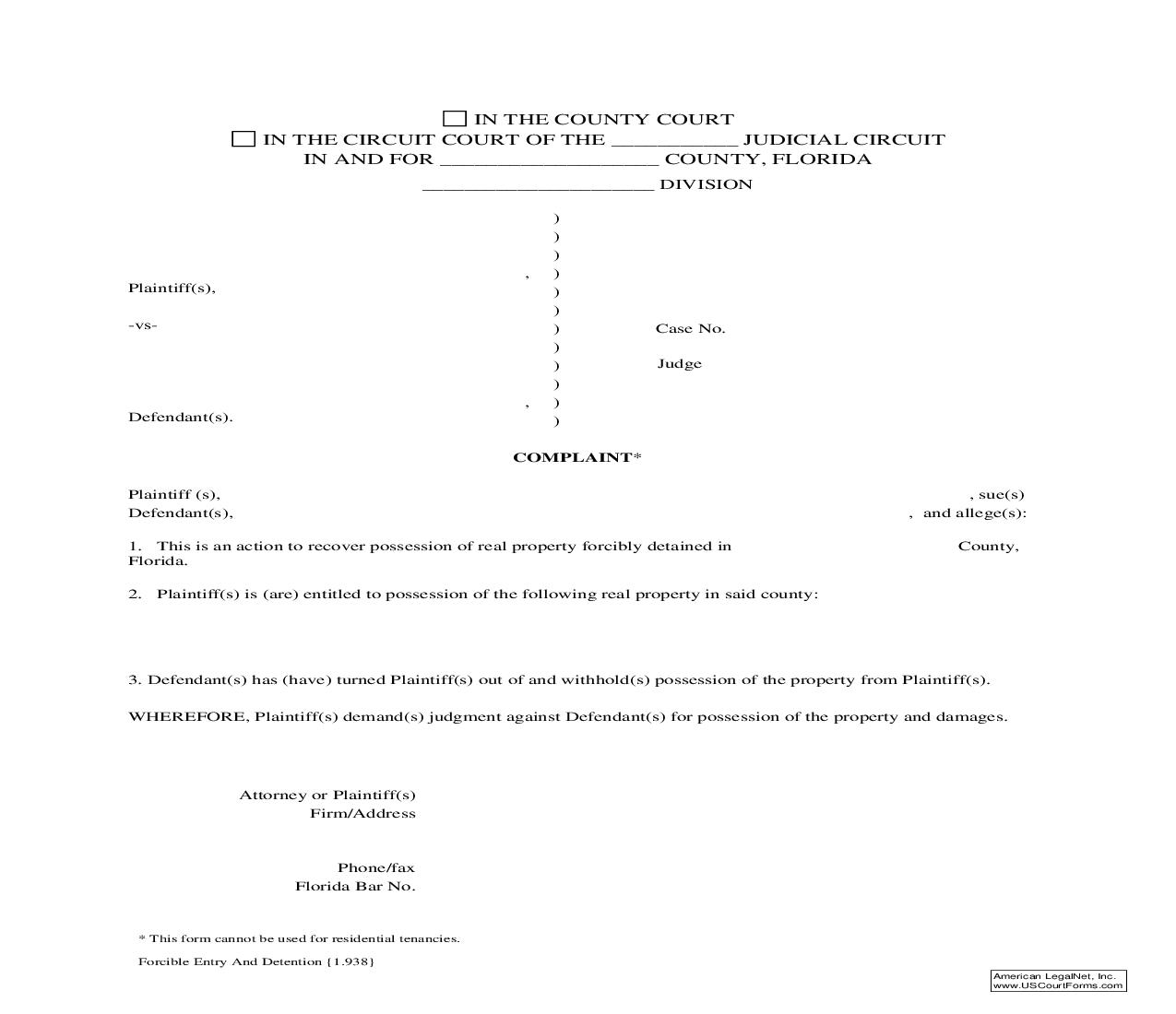 Forcible Entry And Detention {1.938} | Pdf Fpdf Doc Docx | Florida