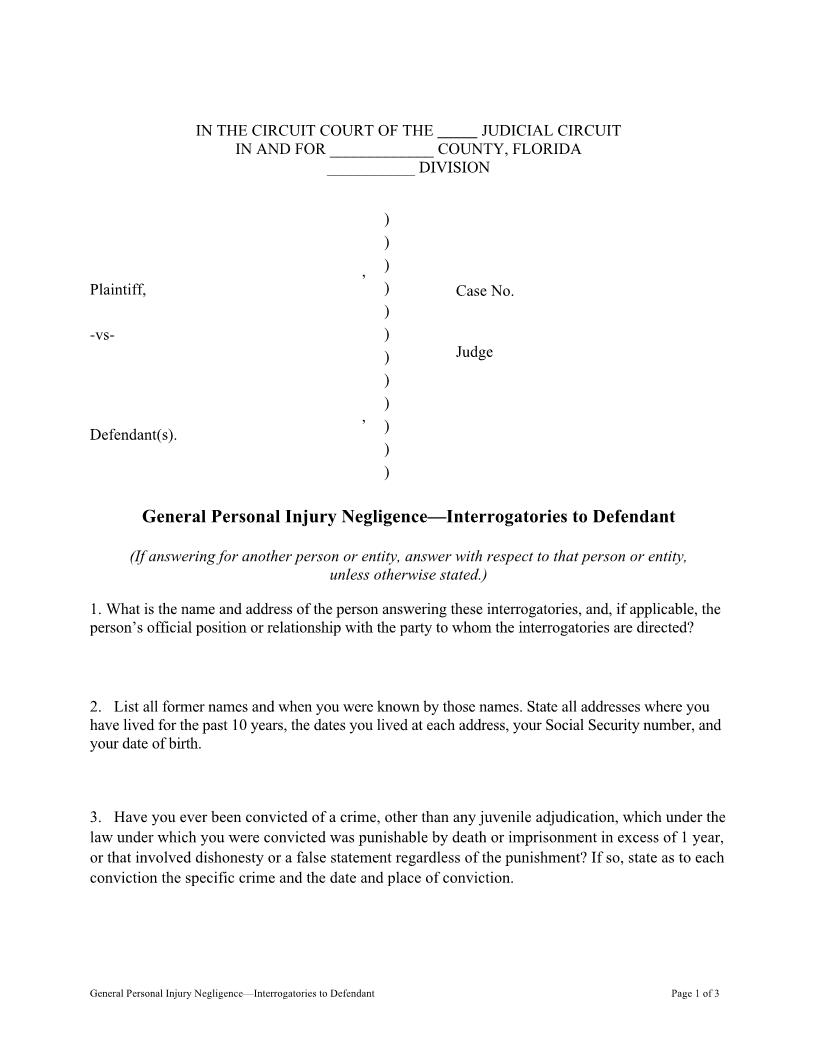 General Personal Injury Negligence - Interrogatories To Defendant | Pdf Fpdf Docx | Florida