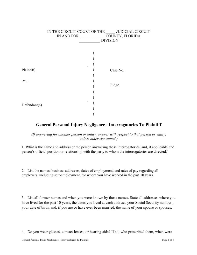 General Personal Injury Negligence - Interrogatories To Plaintiff | Pdf Fpdf Docx | Florida
