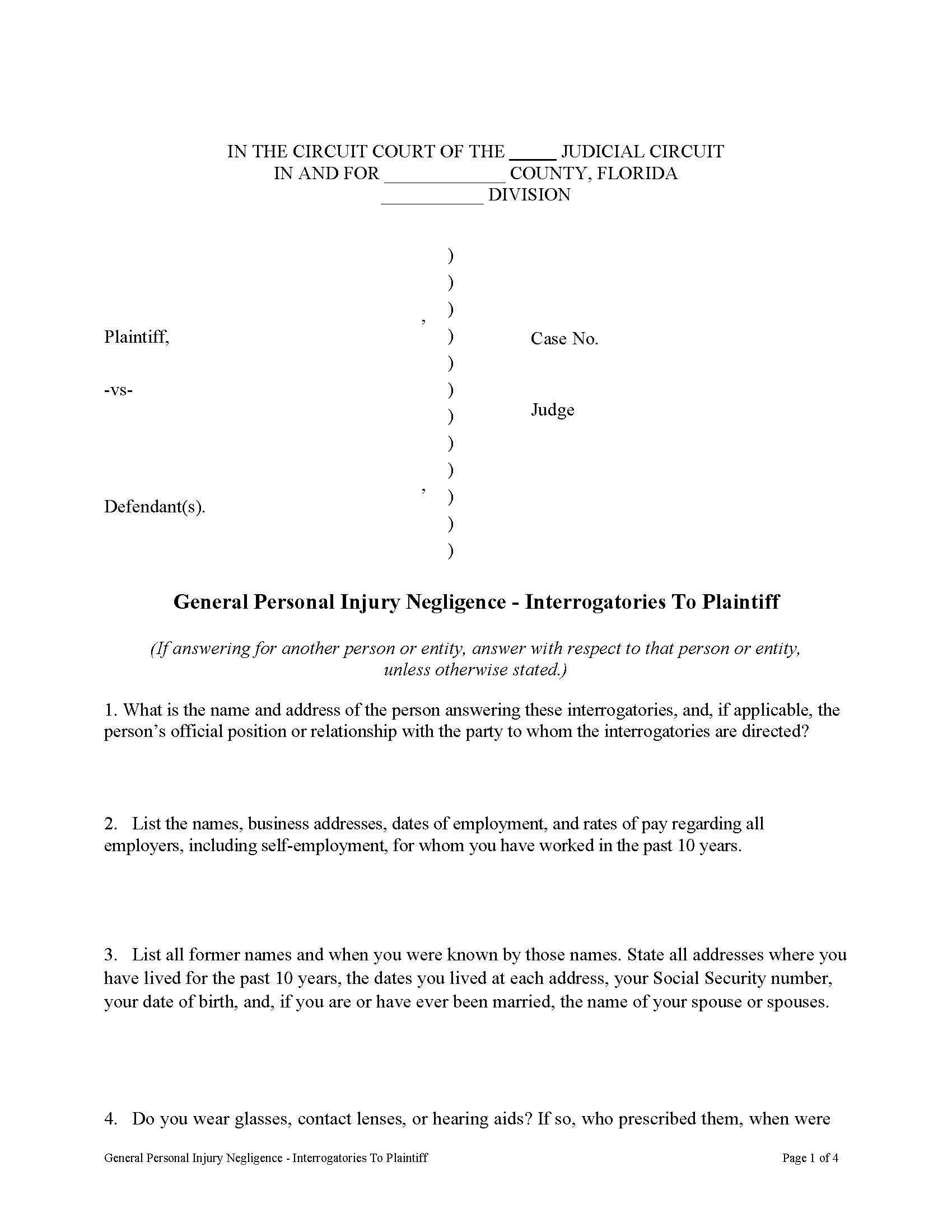 General Personal Injury Negligence - Interrogatories To Plaintiff | Pdf Fpdf Docx | Florida