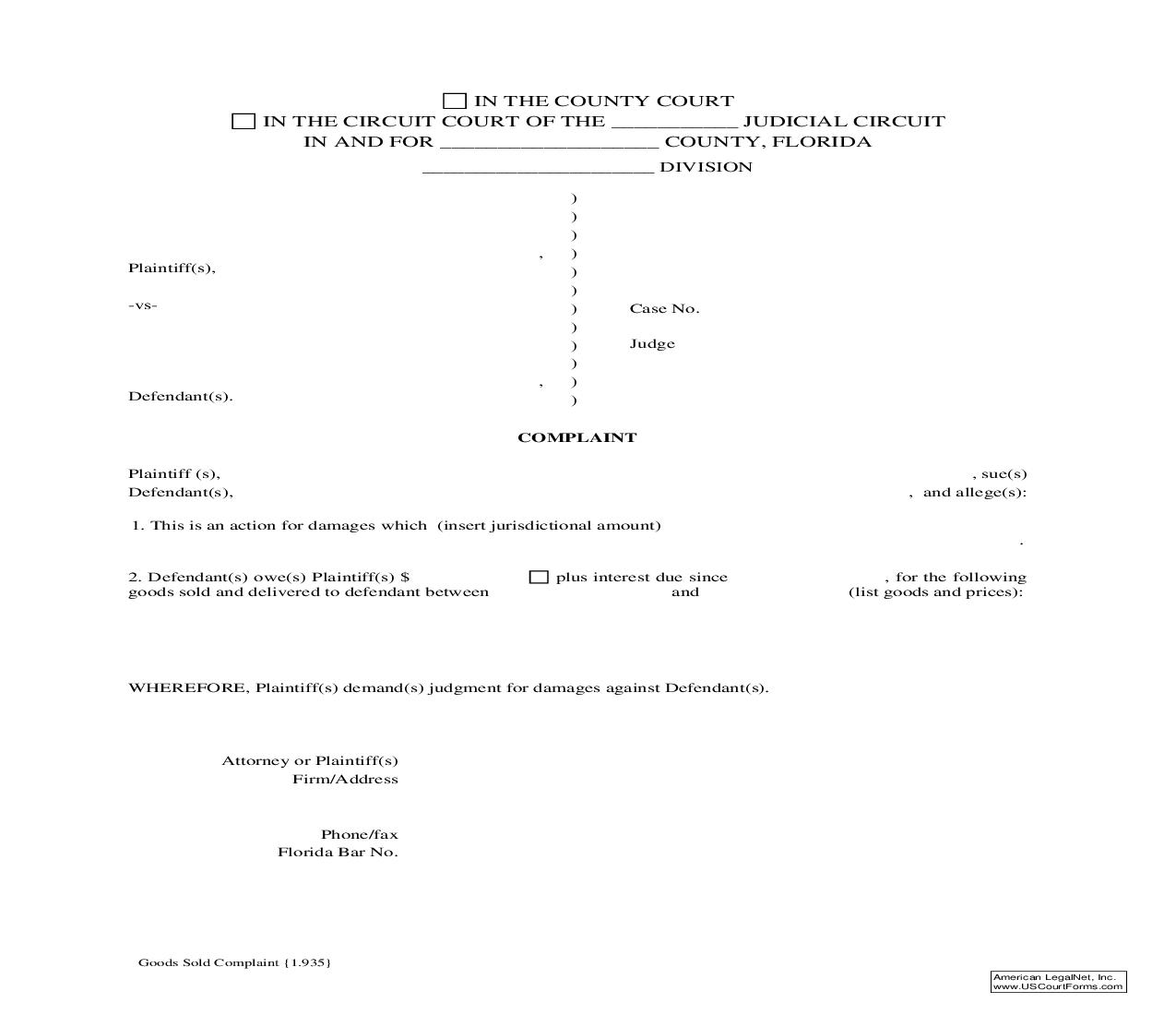 Goods Sold Complaint {1.935} | Pdf Fpdf Doc Docx | Florida