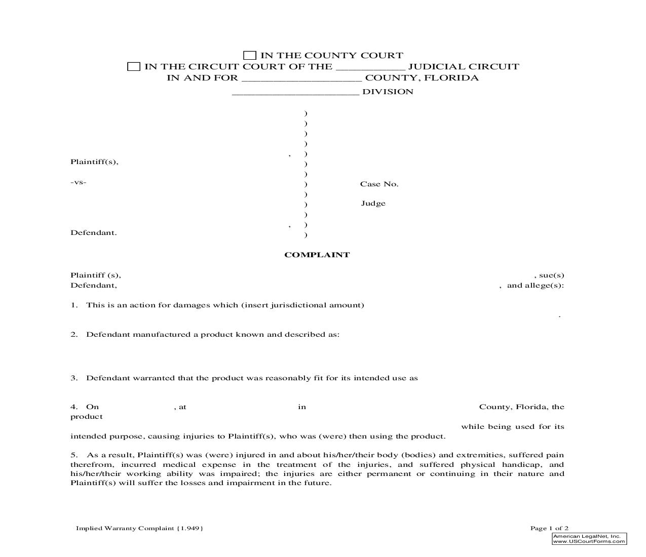 Implied Warranty Complaint {1.949} | Pdf Fpdf Doc Docx | Florida