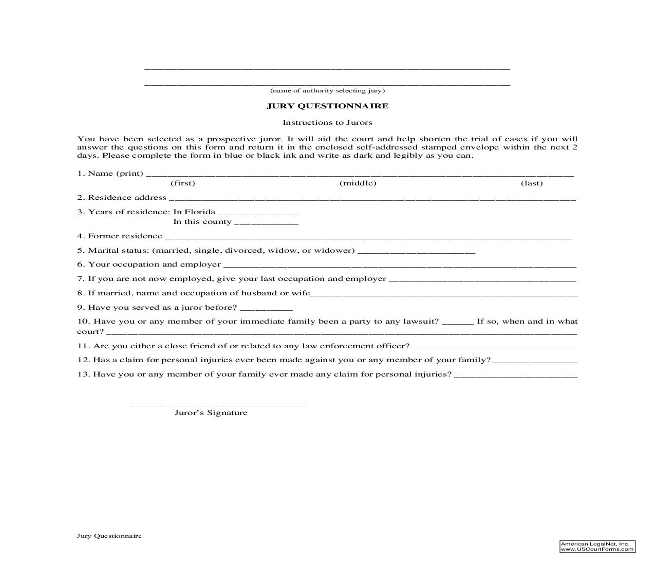 Jury Questionnaire (Voir Dire) {1.984} | Pdf Fpdf Doc Docx | Florida