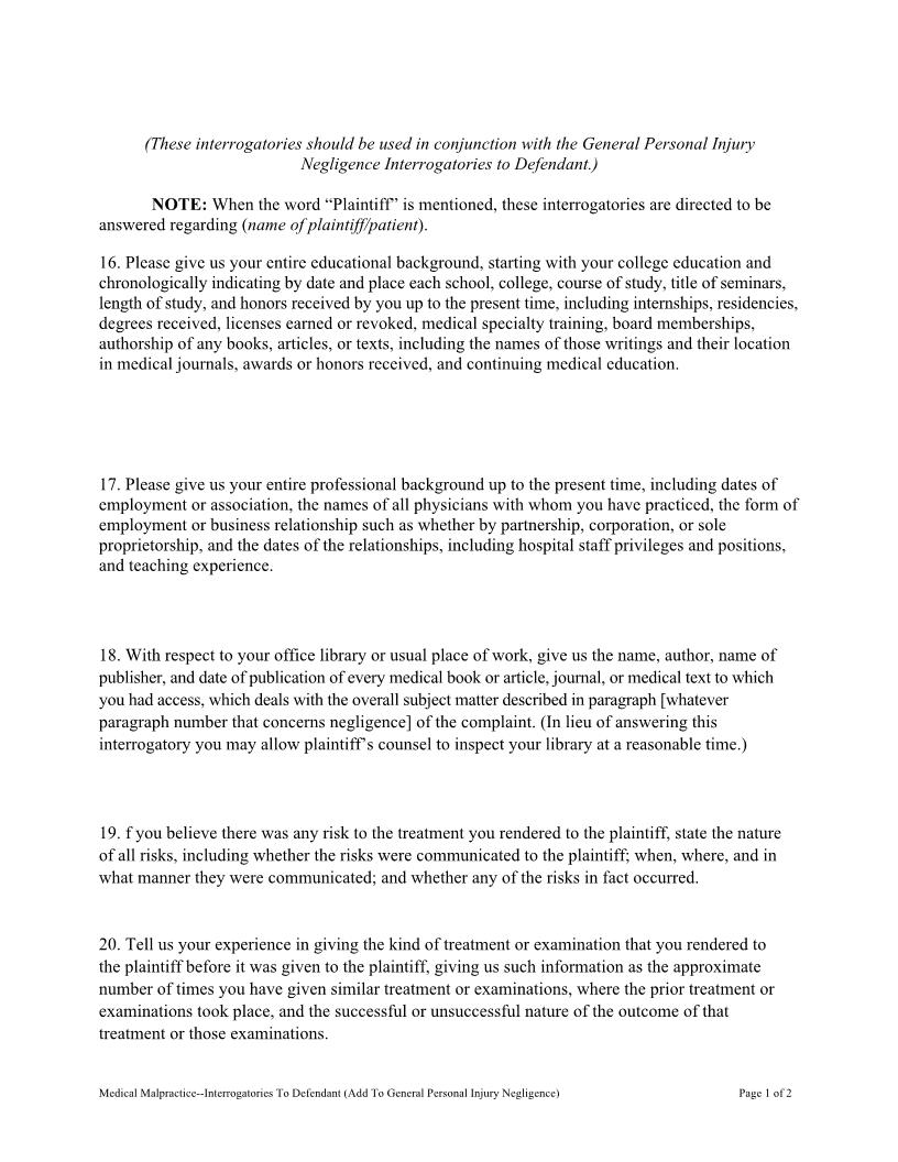 Medical Malpractice - Interrogatories To Defendant (Add To General PI Negligence) | Pdf Fpdf Docx | Florida