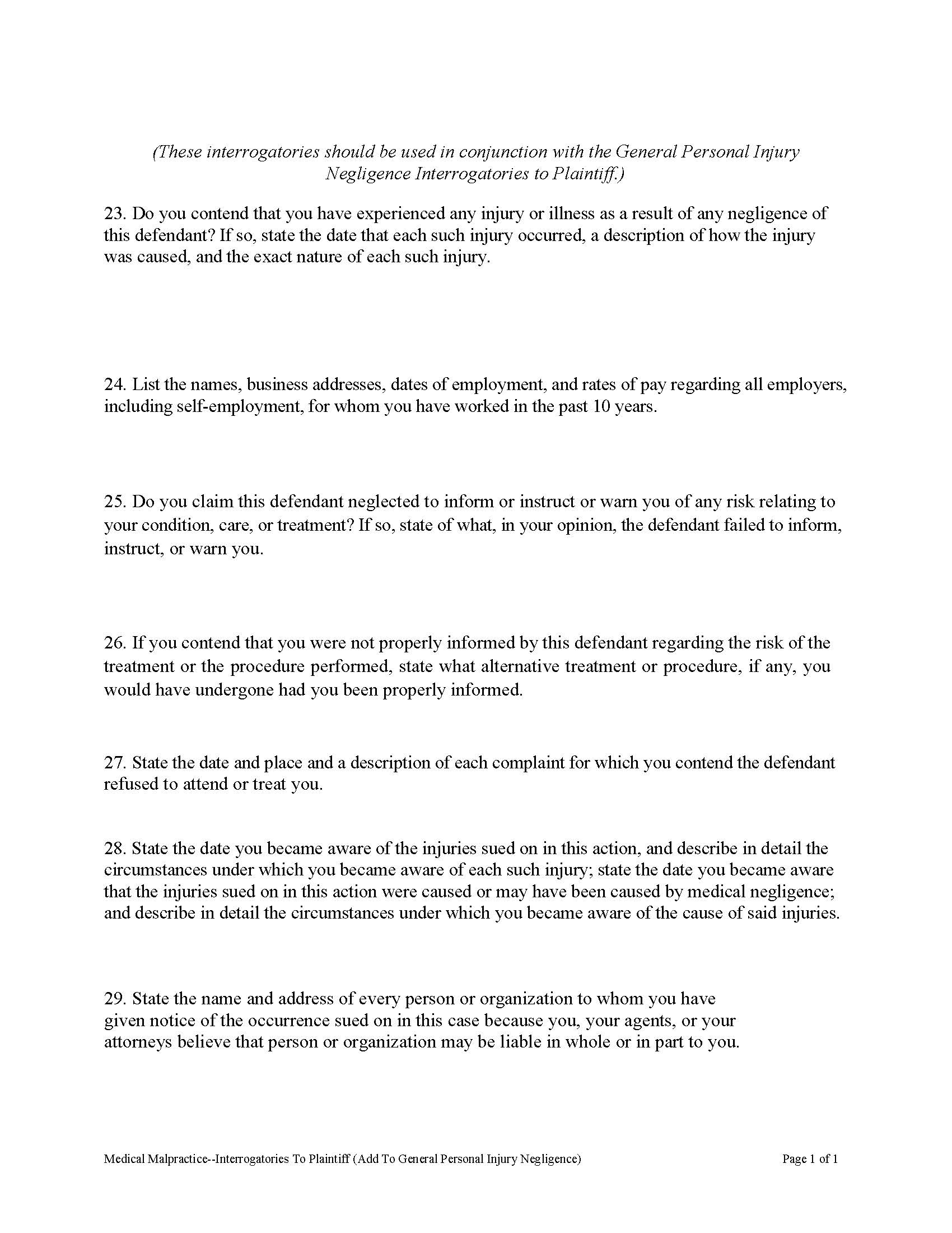 Medical Malpractice - Interrogatories To Plaintiff (Add To General PI Negligence) | Pdf Fpdf Docx | Florida