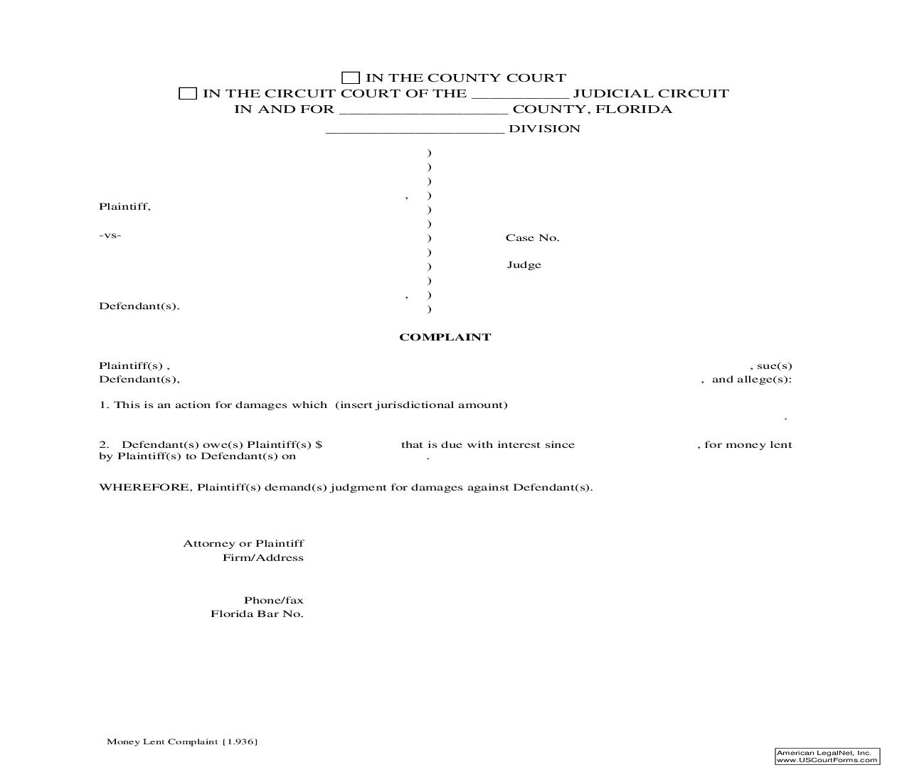 Money Lent Complaint {1.936} | Pdf Fpdf Doc Docx | Florida
