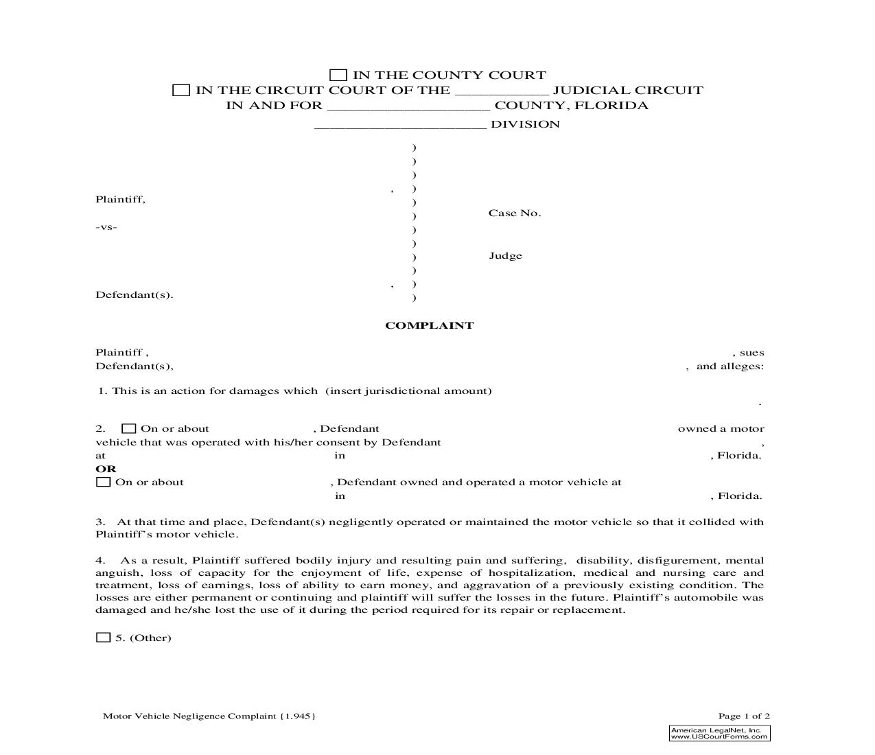 Motor Vehicle Negligence Complaint {1.945} | Pdf Fpdf Doc Docx | Florida