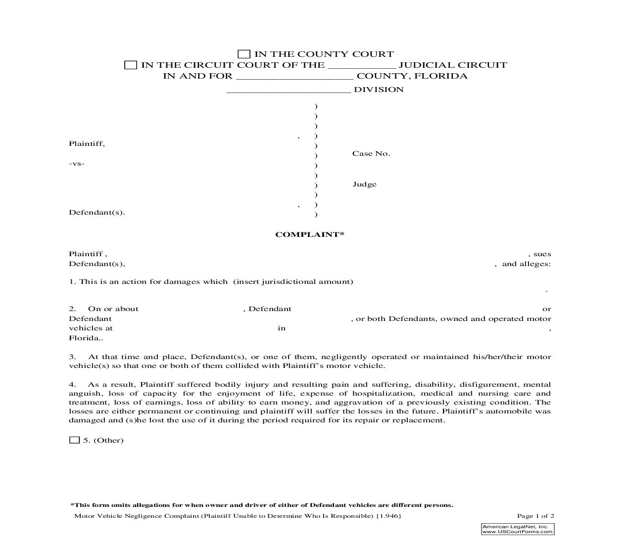 Motor Vehicle Negligence Plantiff Is Unable to Determine Who Is Responsible {1.946} | Pdf Fpdf Doc Docx | Florida