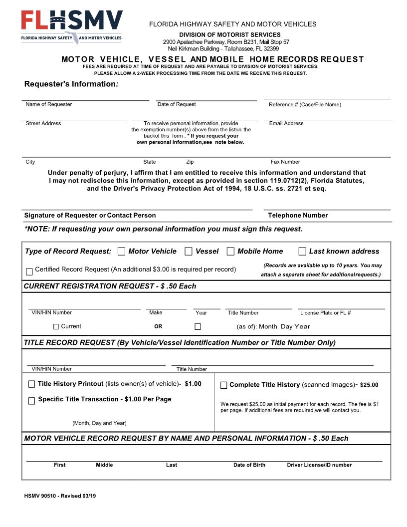 Motor Vehicle Vessel And Mobile Home Records Request {90510} | Pdf Fpdf Docx | Florida