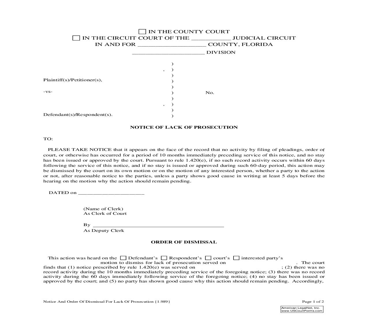 Notice And Order Of Dismissal For Lack Of Prosecution {1.989} | Pdf Fpdf Doc Docx | Florida