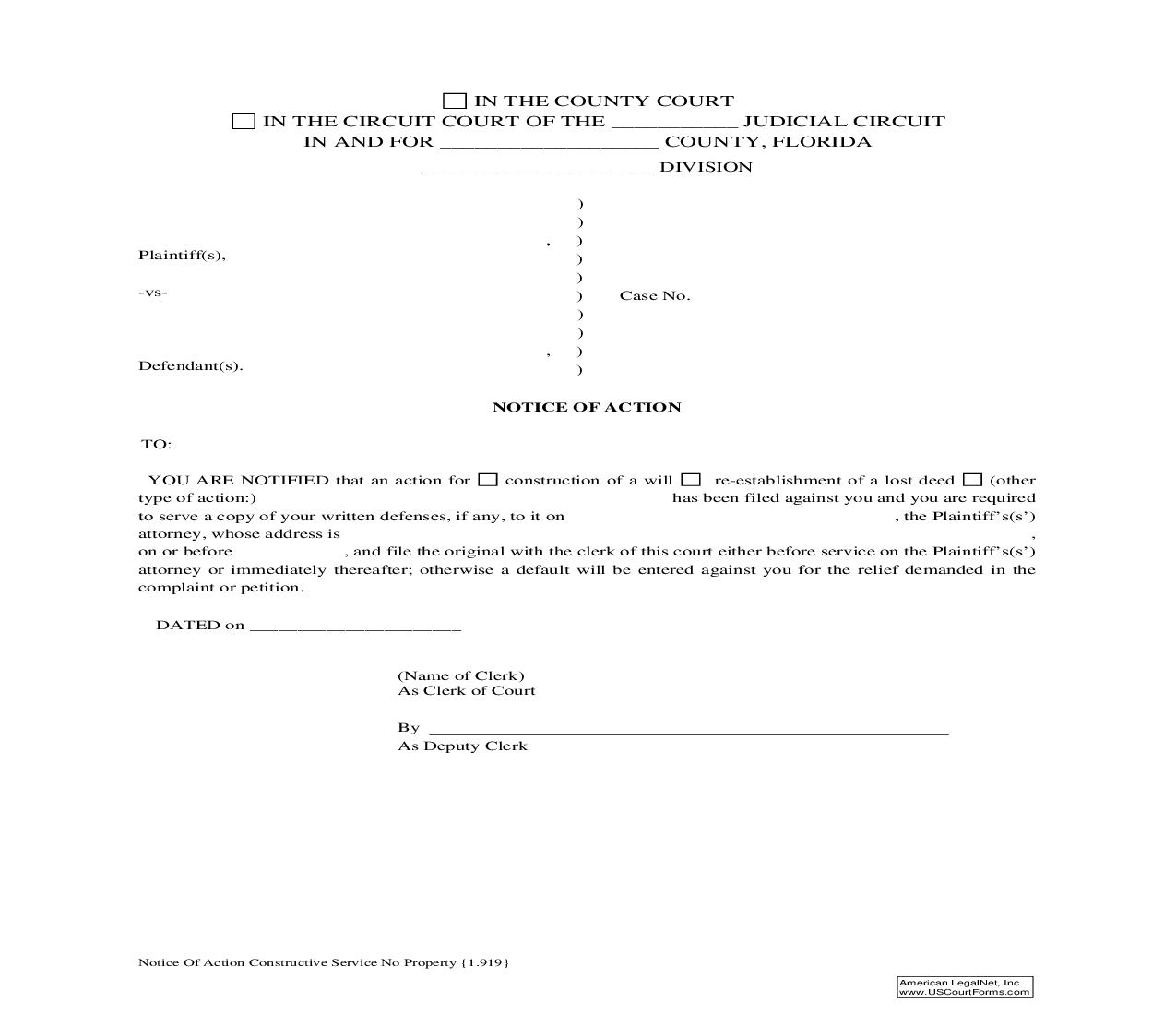 Notice Of Action Constructive Service No Property {1.919} | Pdf Fpdf Doc Docx | Florida