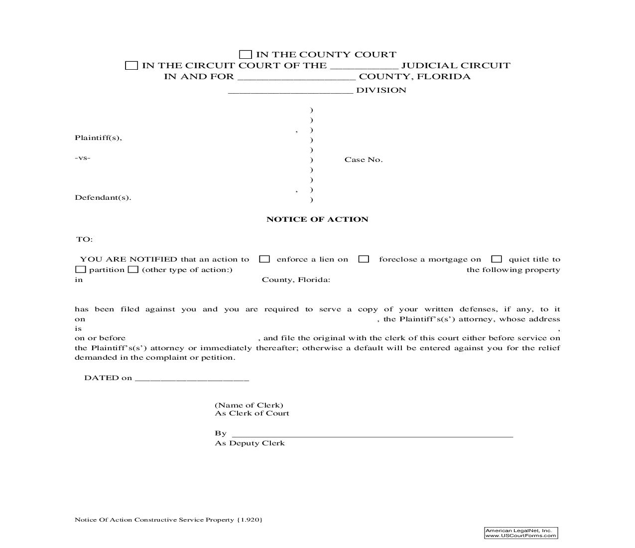 Notice Of Action Constructive Service Property {1.920} | Pdf Fpdf Doc Docx | Florida