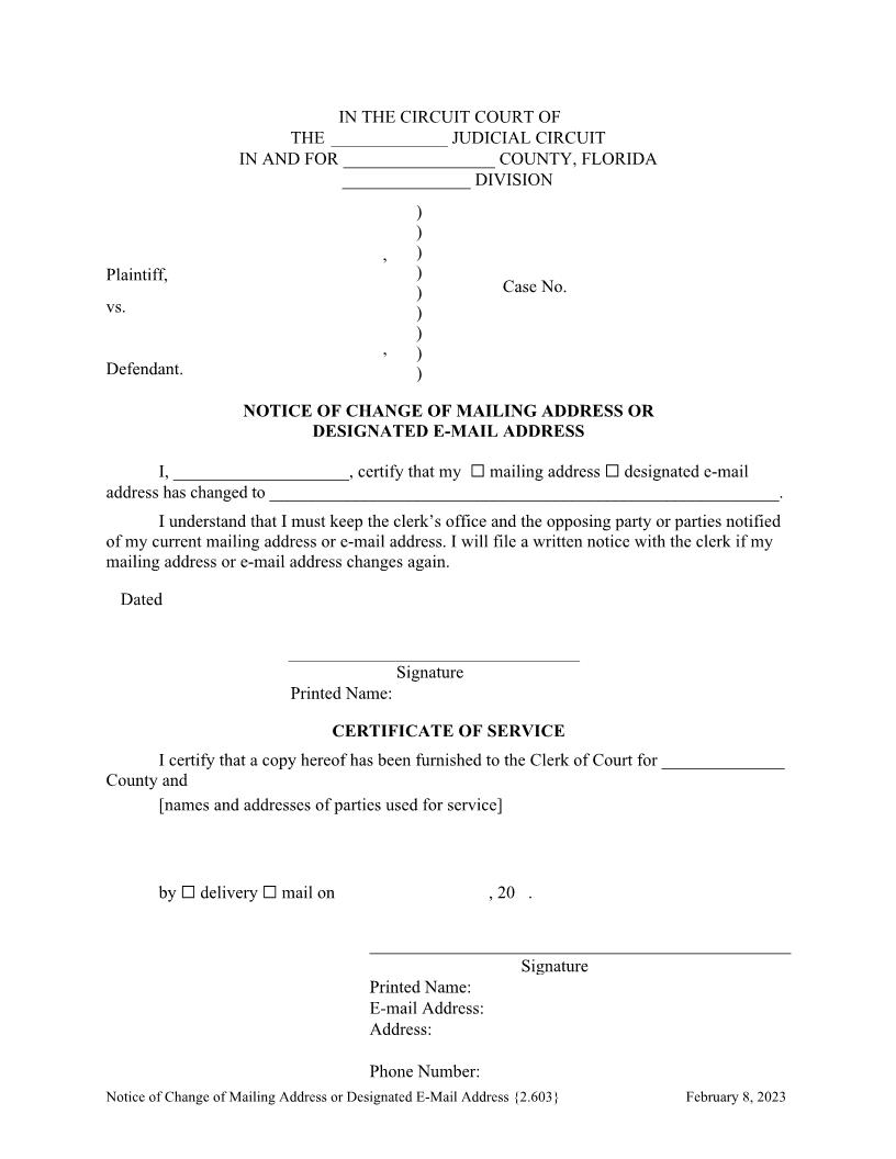 Notice Of Change Of Mailing Address Or Designated E-Mail Address {2.603} | Pdf Fpdf Docx | Florida
