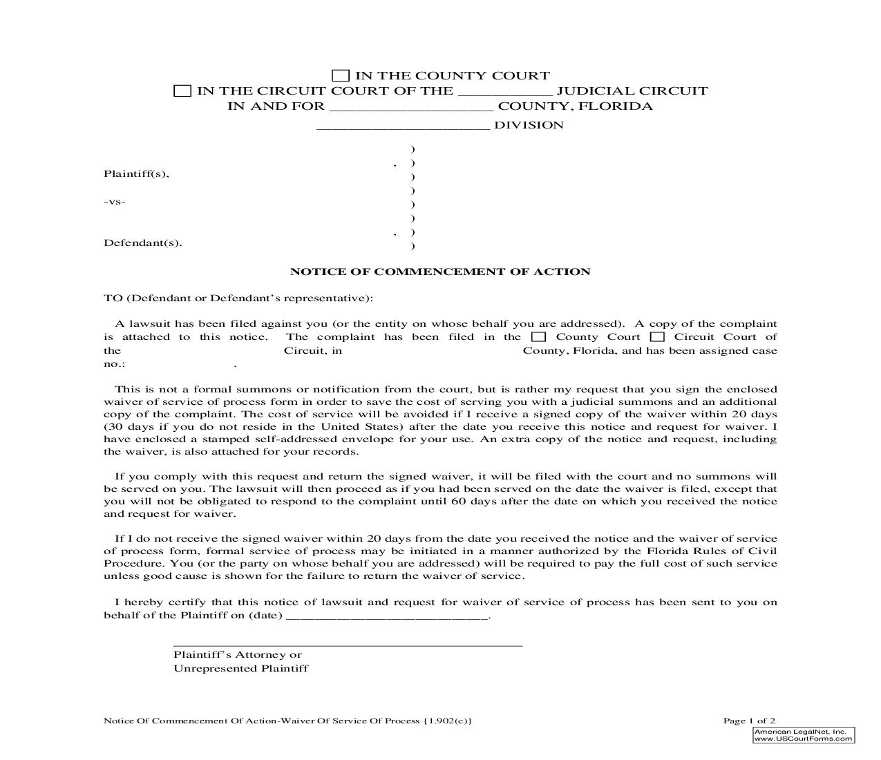 Notice Of Commencement Of Action-Waiver Of Service Of Process {1.902(c)} | Pdf Fpdf Doc Docx | Florida