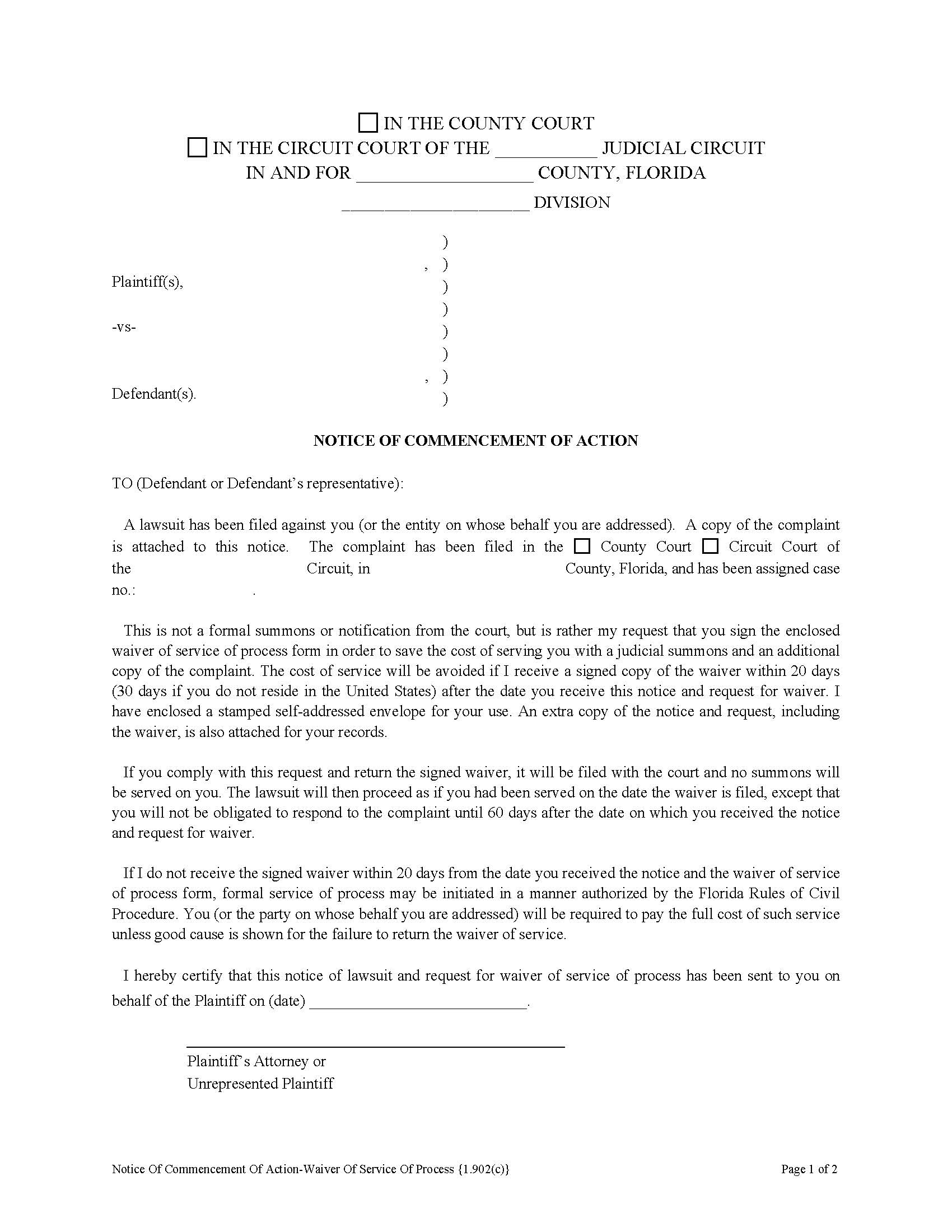 Notice Of Commencement Of Action-Waiver Of Service Of Process {1.902(c)} | Pdf Fpdf Doc Docx | Florida