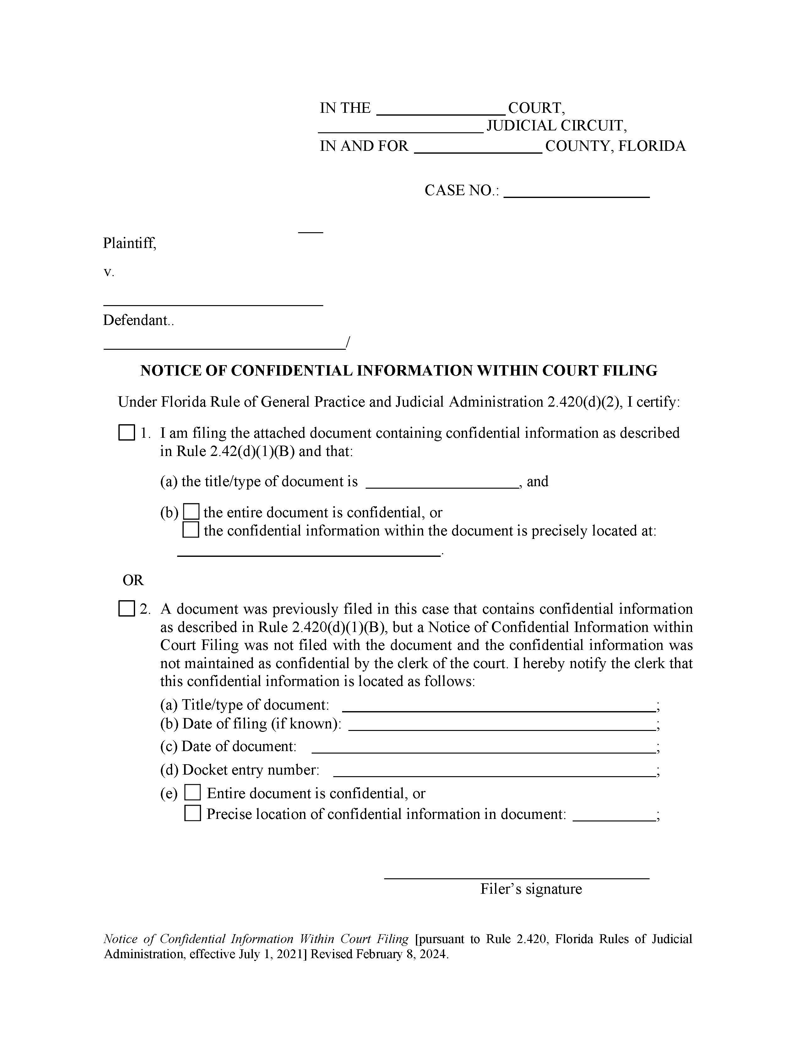 Notice Of Confidential Information Within Court Filings {2.420(d)(2)} | Pdf Fpdf Docx | Florida