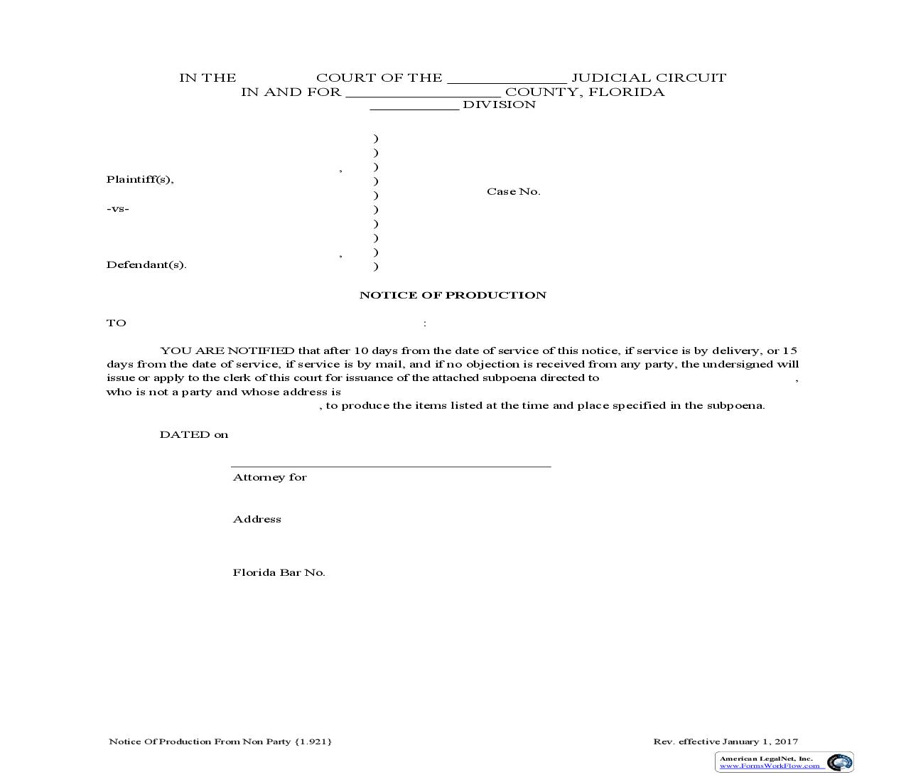 Notice Of Production From Non Party {1.921} | Pdf Fpdf Doc Docx | Florida