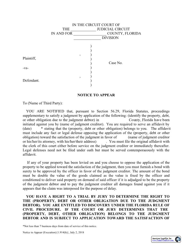 Notice To Appear (Execution) {1.914(b)} | Pdf Fpdf Docx | Florida