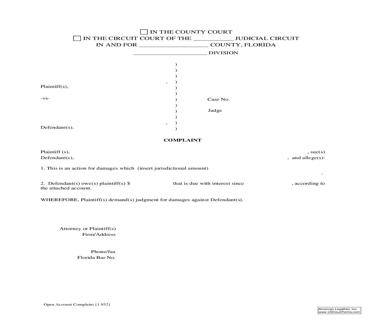 Open Account Complaint {1.932} | Pdf Fpdf Doc Docx | Florida