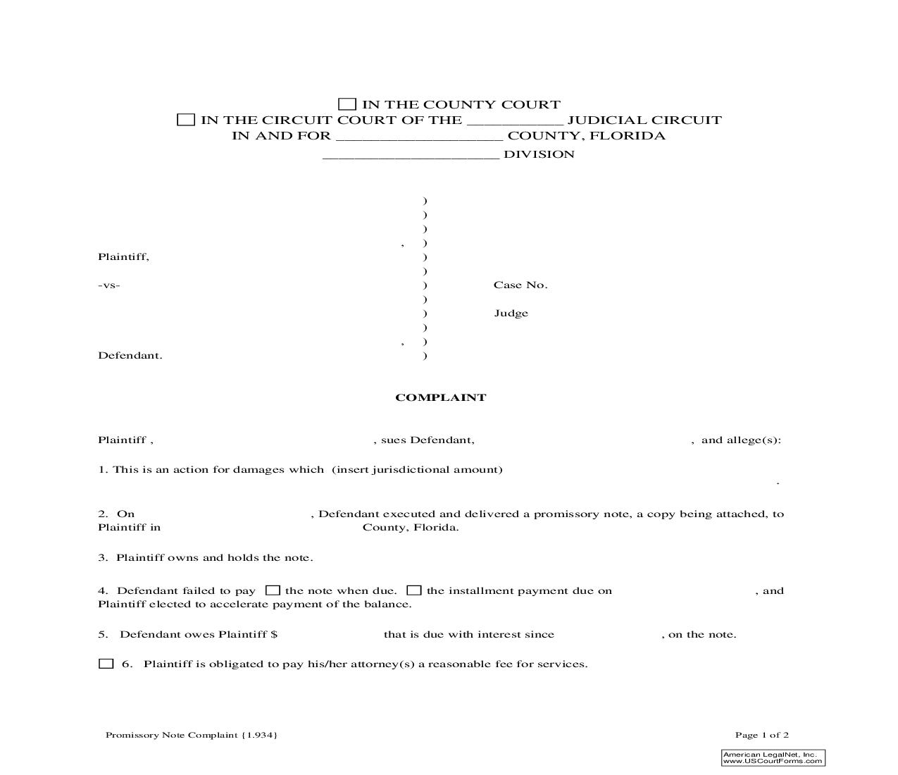Promissory Note Complaint {1.934} | Pdf Fpdf Doc Docx | Florida