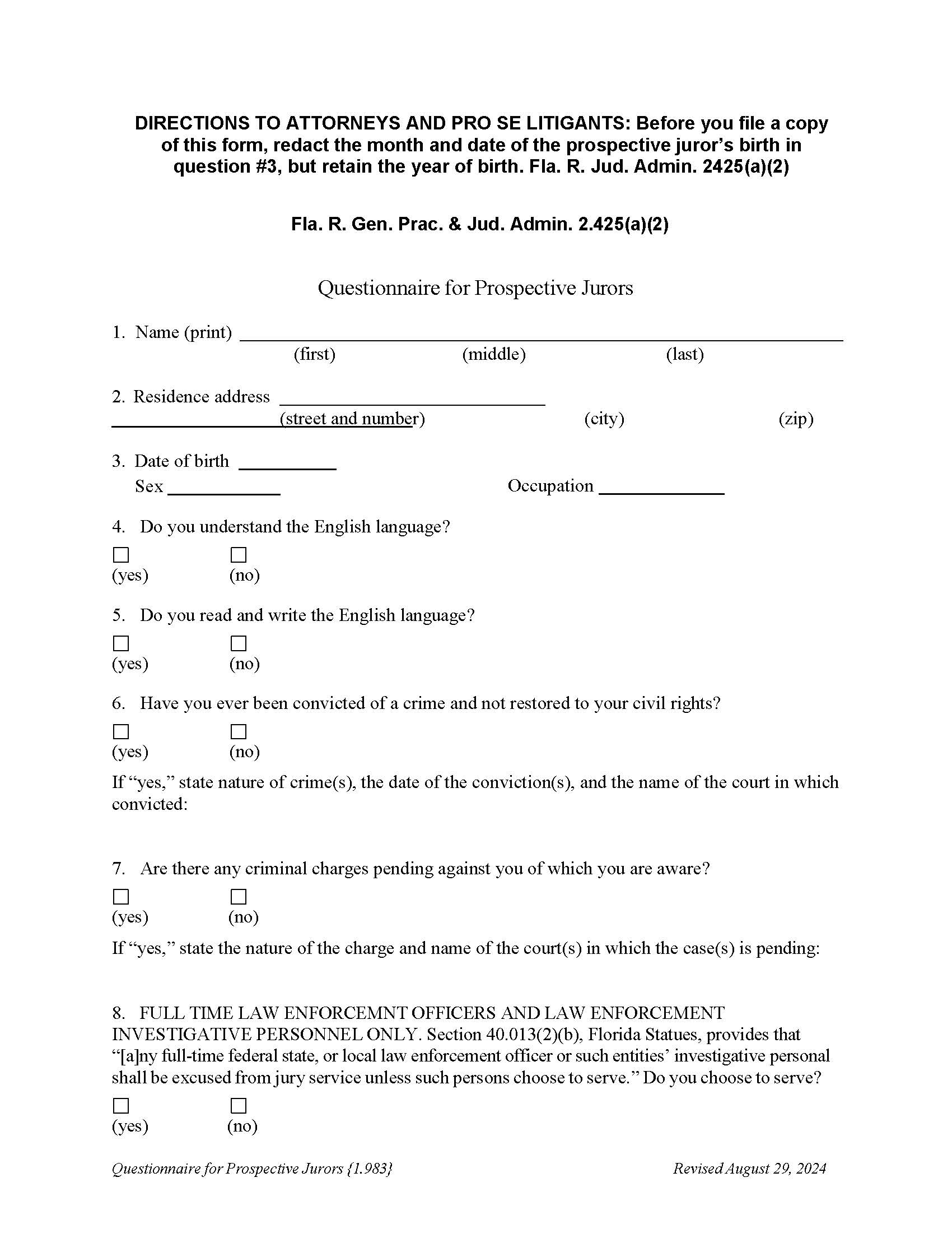 Questionnaire For Prospective Jurors {1.983} | Pdf Fpdf Docx | Florida