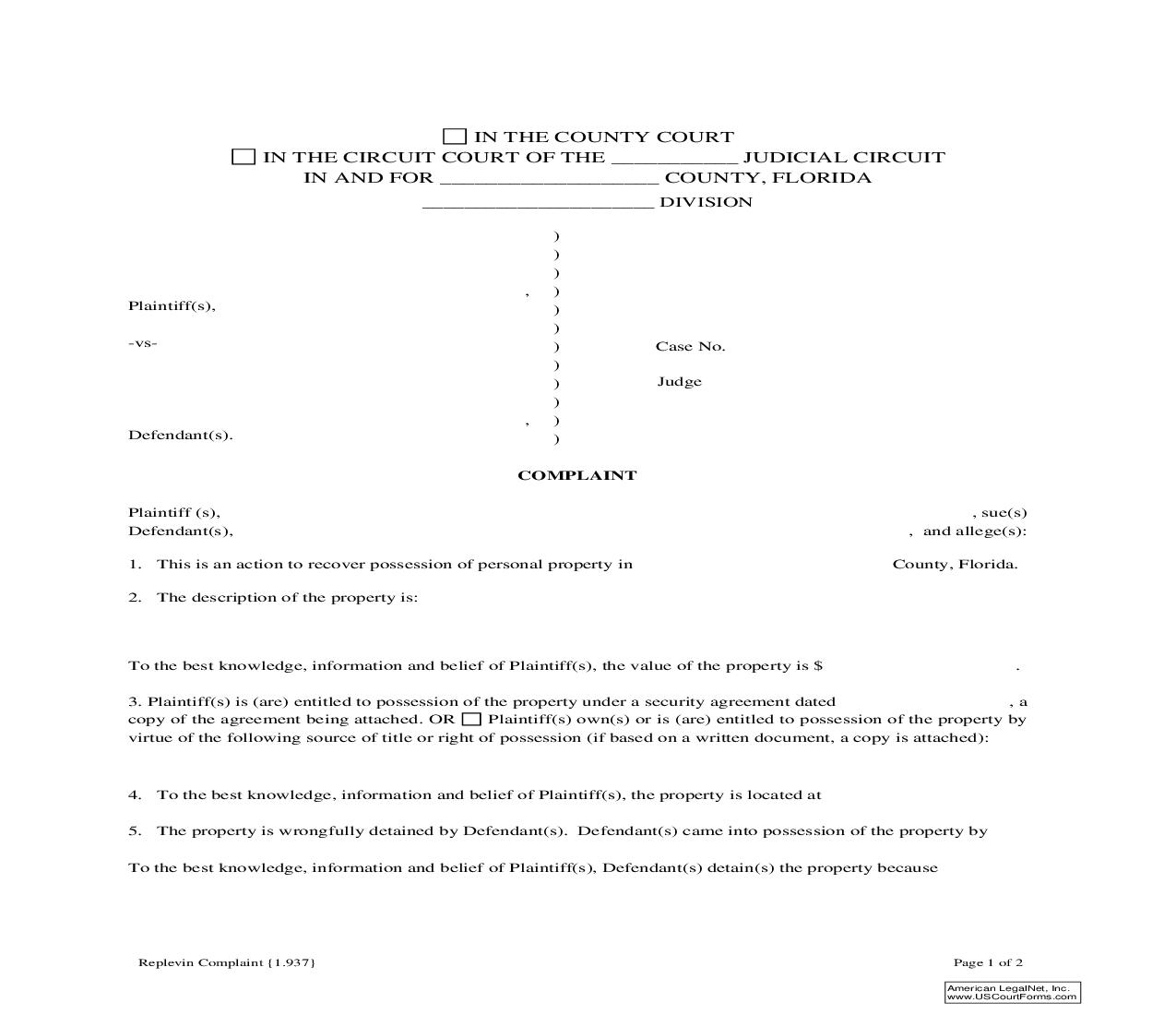Replevin Complaint {1.937} | Pdf Fpdf Doc Docx | Florida