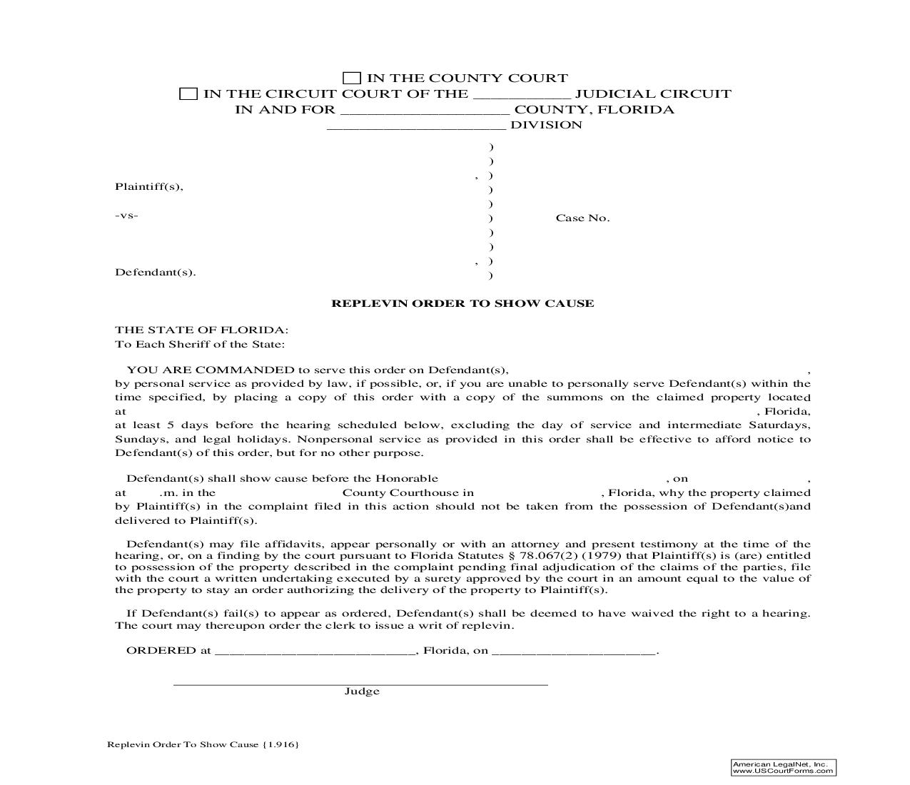 Replevin Order To Show Cause {1.916} | Pdf Fpdf Doc Docx | Florida