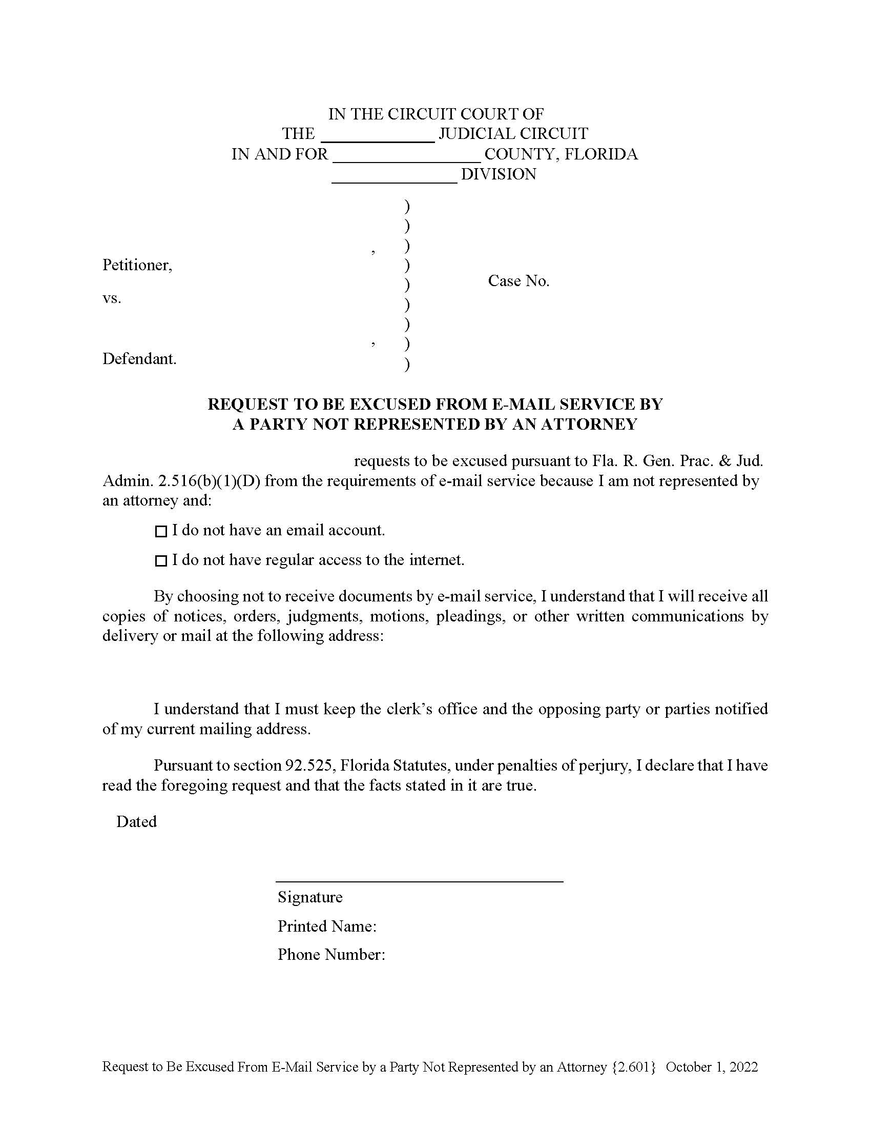 Request To Be Excused From E-Mail Service Party Not Represented {2.601} | Pdf Fpdf Docx | Florida
