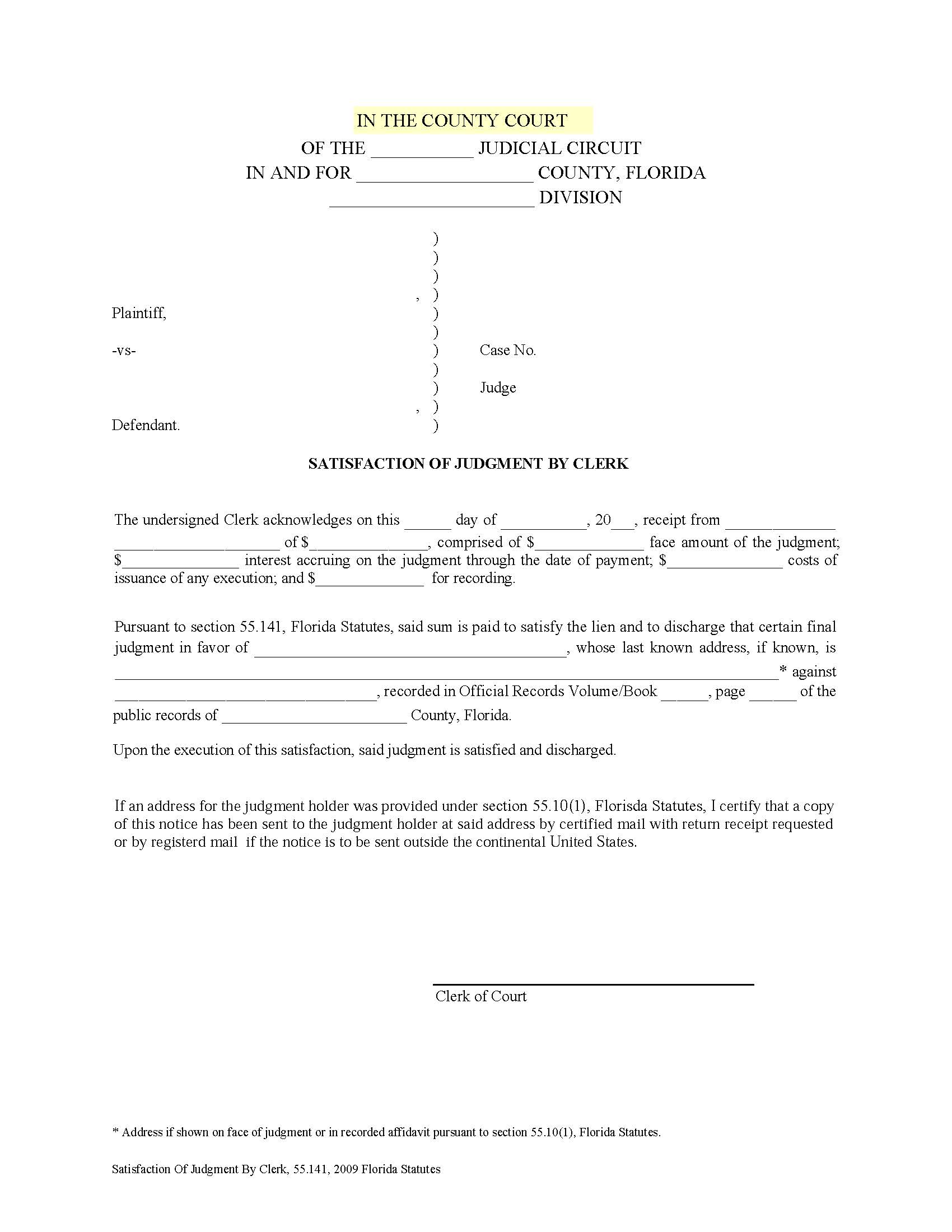 Satisfaction Of Judgment By Clerk | Pdf Fpdf Doc Docx | Florida