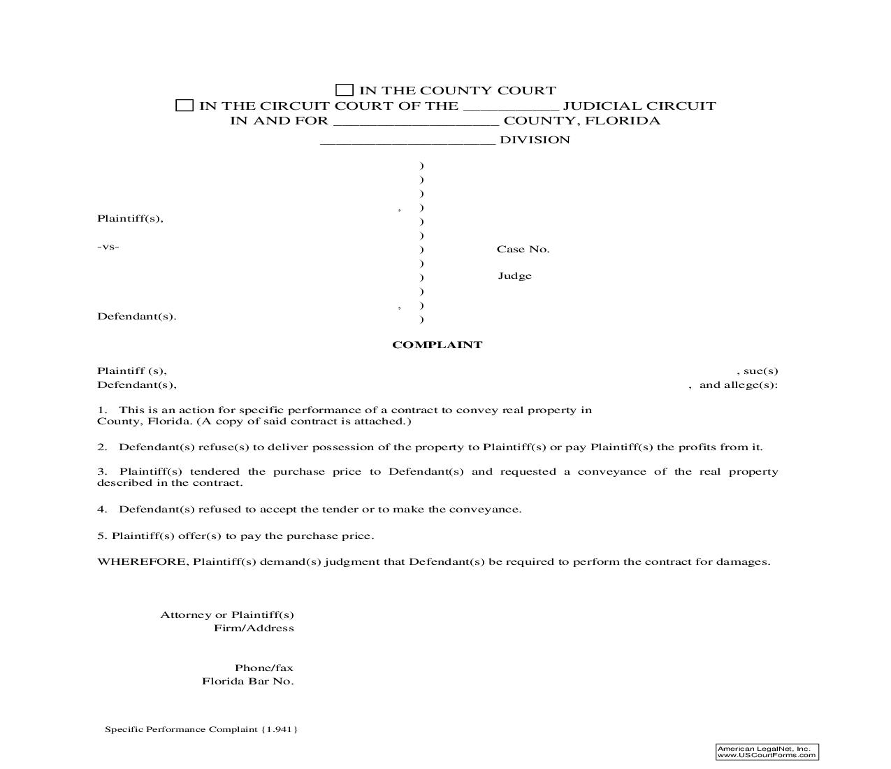 Specific Performance Complaint {1.941} | Pdf Fpdf Doc Docx | Florida