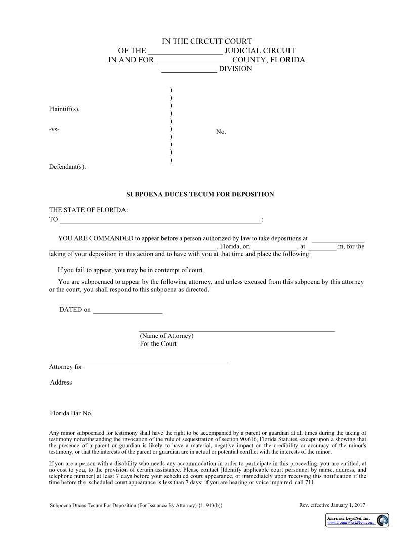 Subpoena Duces Tecum For Deposition (For Issuance By Attorney) {1.913(b)} | Pdf Fpdf Docx | Florida