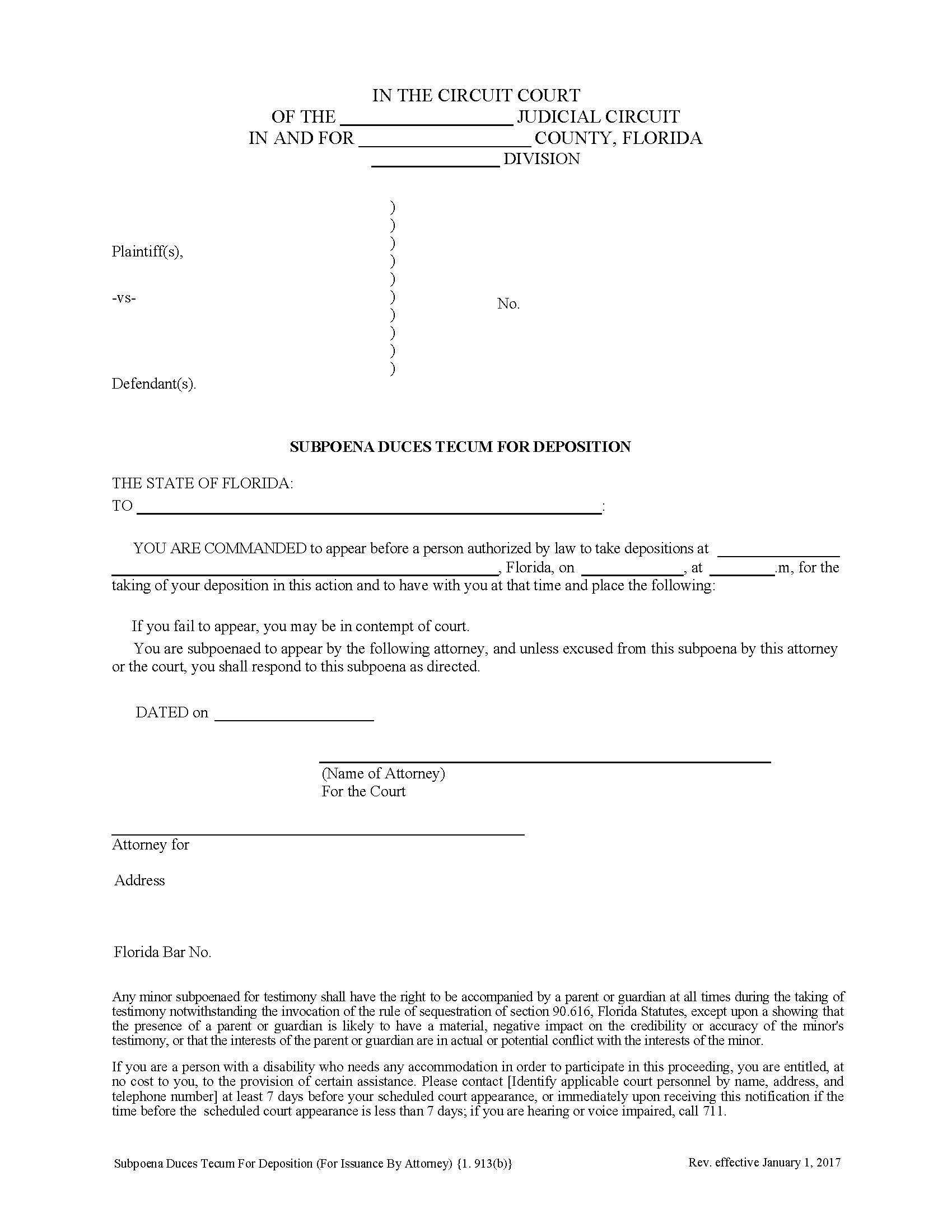 Subpoena Duces Tecum For Deposition (For Issuance By Attorney) {1.913(b)} | Pdf Fpdf Docx | Florida