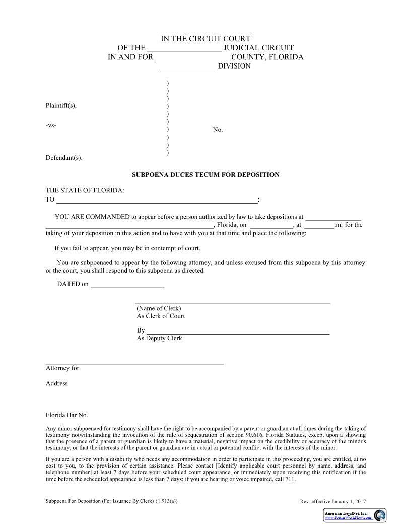 Subpoena Duces Tecum For Deposition (For Issuance By Clerk) {1.913(a)} | Pdf Fpdf Docx | Florida