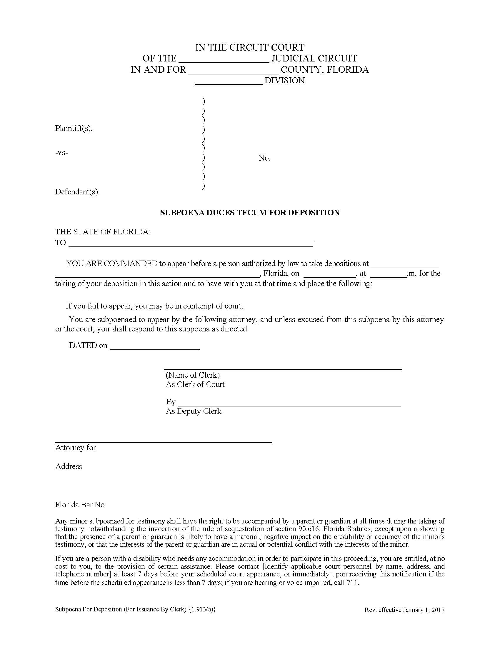 Subpoena Duces Tecum For Deposition (For Issuance By Clerk) {1.913(a)} | Pdf Fpdf Docx | Florida